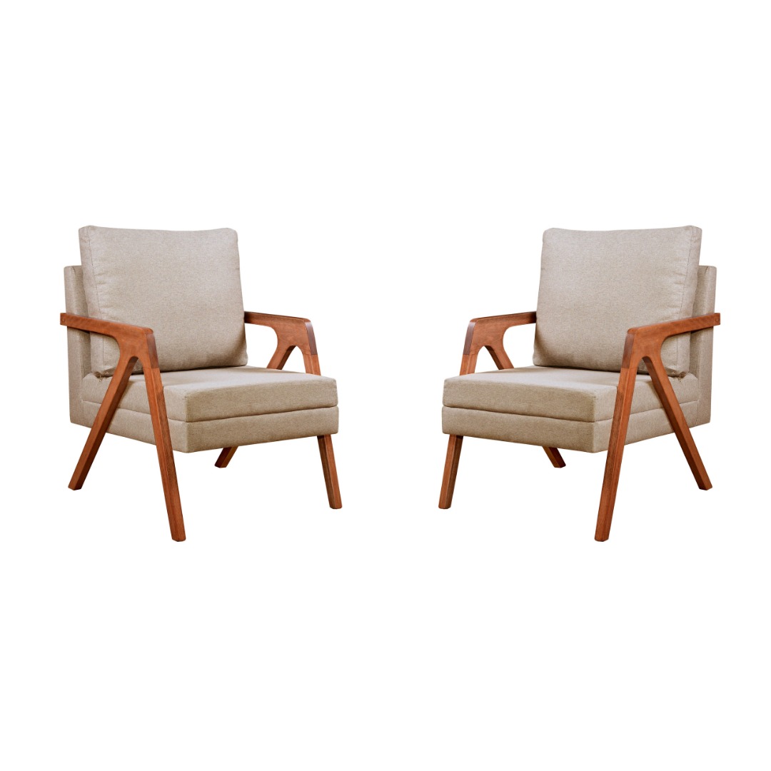 Kit 02 Poltronas Mona Luxo Madeira - Linho Bege