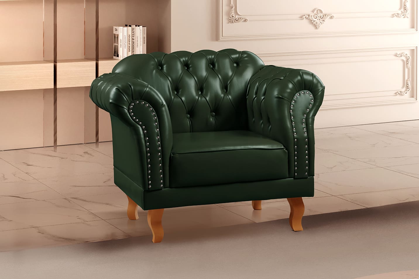 Poltrona Chesterfield Duque - Couro Ecológico Verde Militar