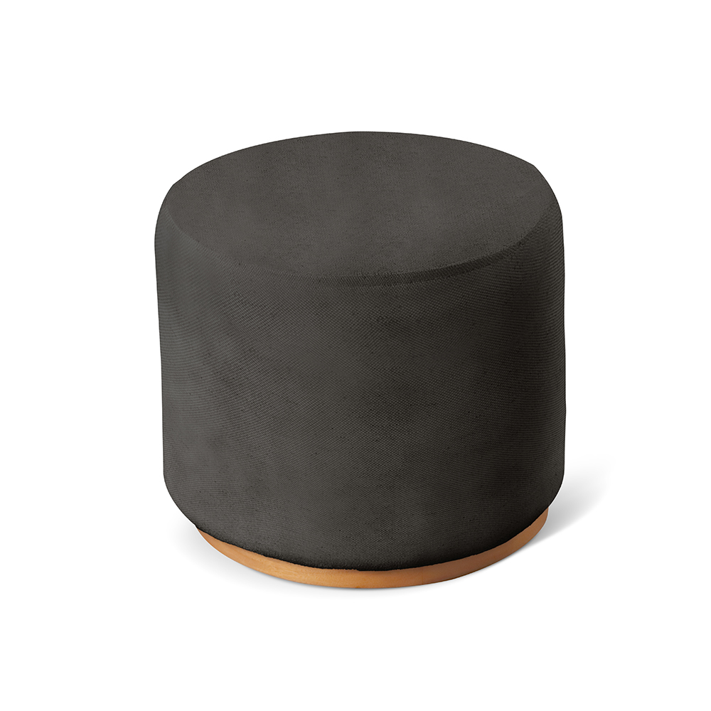 Puff Redondo Polaris Para Sala Base De Madeira - Linho Preto