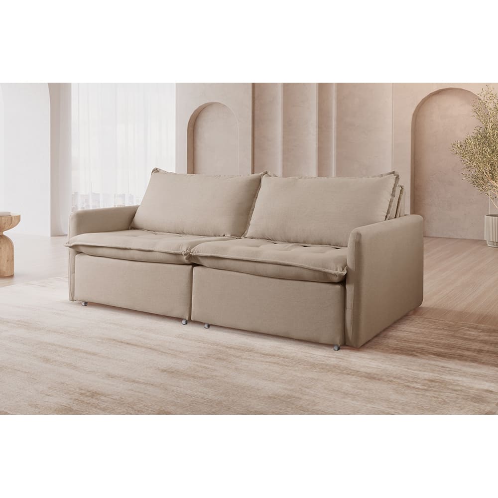 Sofá Cama Retrátil Califórnia 220 cm Linho Bege