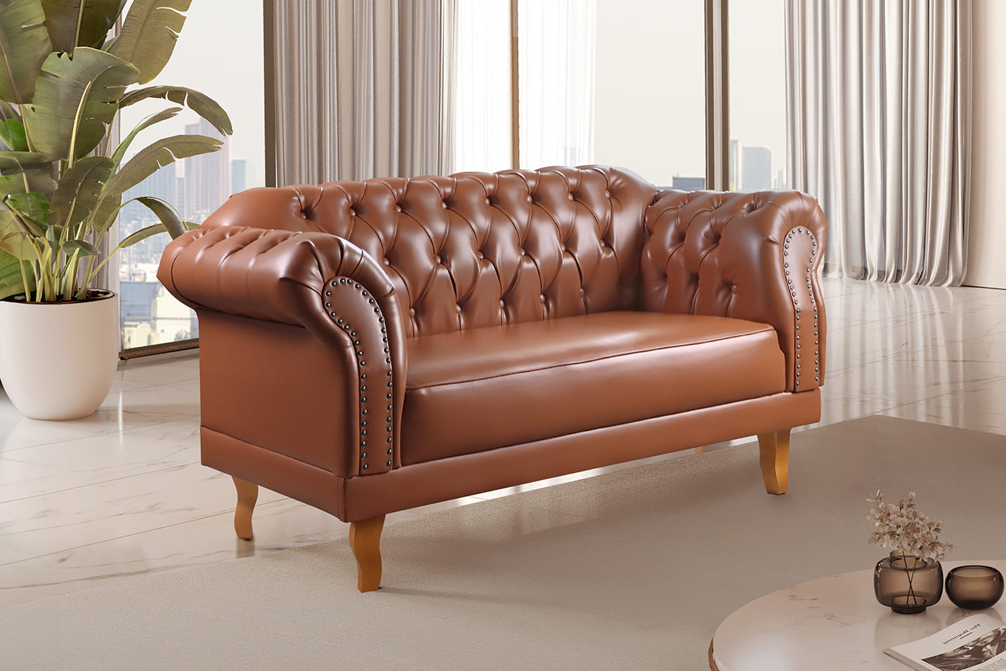 Sofá Chesterfield 2 Lugares Duque - Couro Ecológico Caramelo