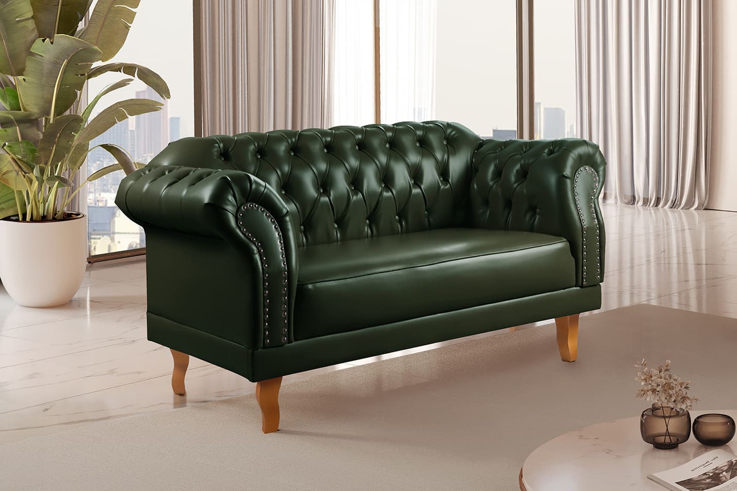 Sofá Chesterfield 2 Lugares Duque - Couro Ecológico Verde Militar