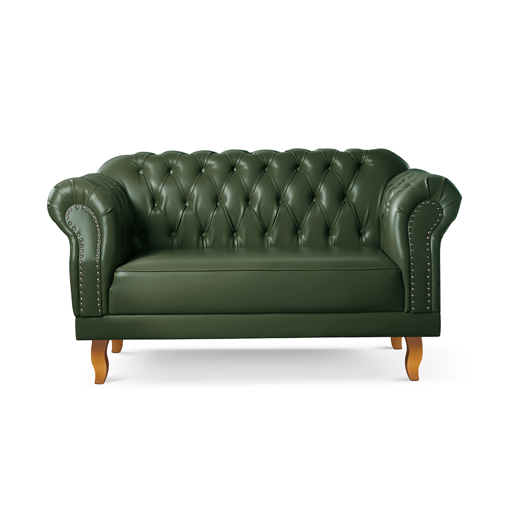 Sofá Chesterfield 2 Lugares Duque - Couro Ecológico Verde Militar