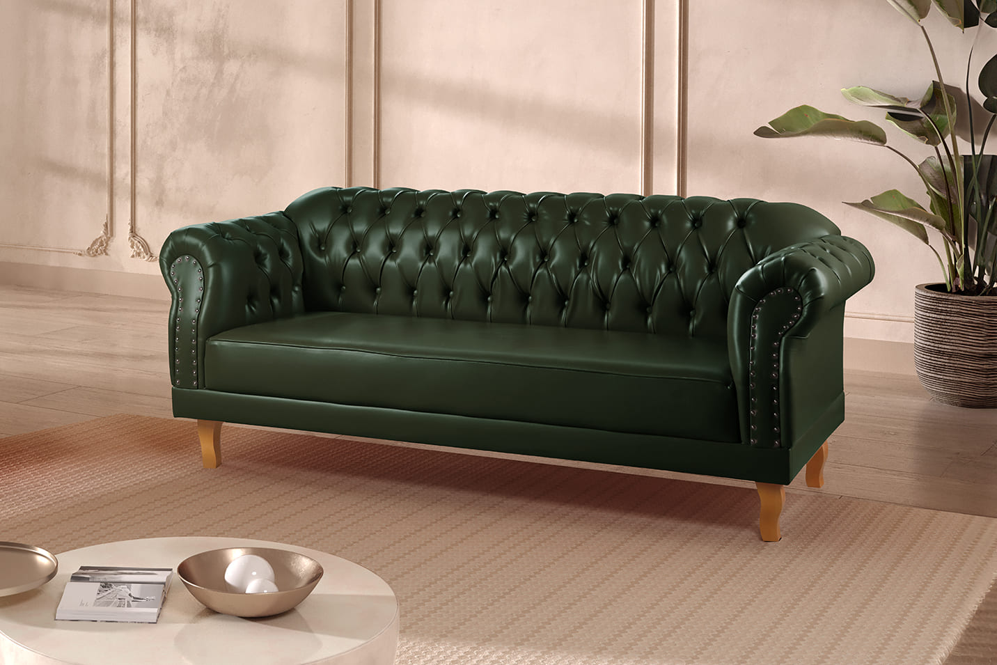 Sofá Chesterfield Duque 3 Lugares - Couro Ecológico Verde