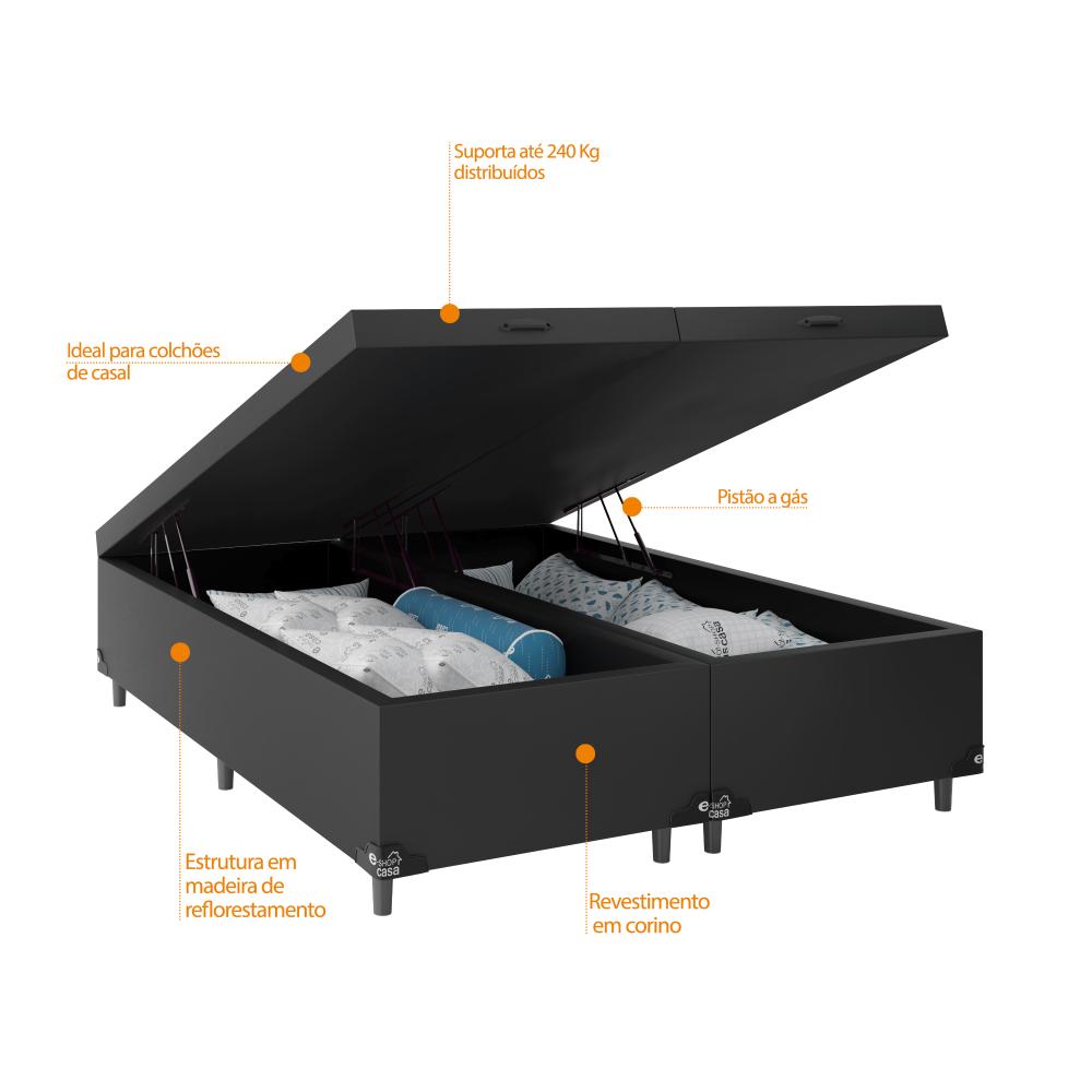 Baú Box Casal Bipartido - 44x138x188cm - Couro Preto