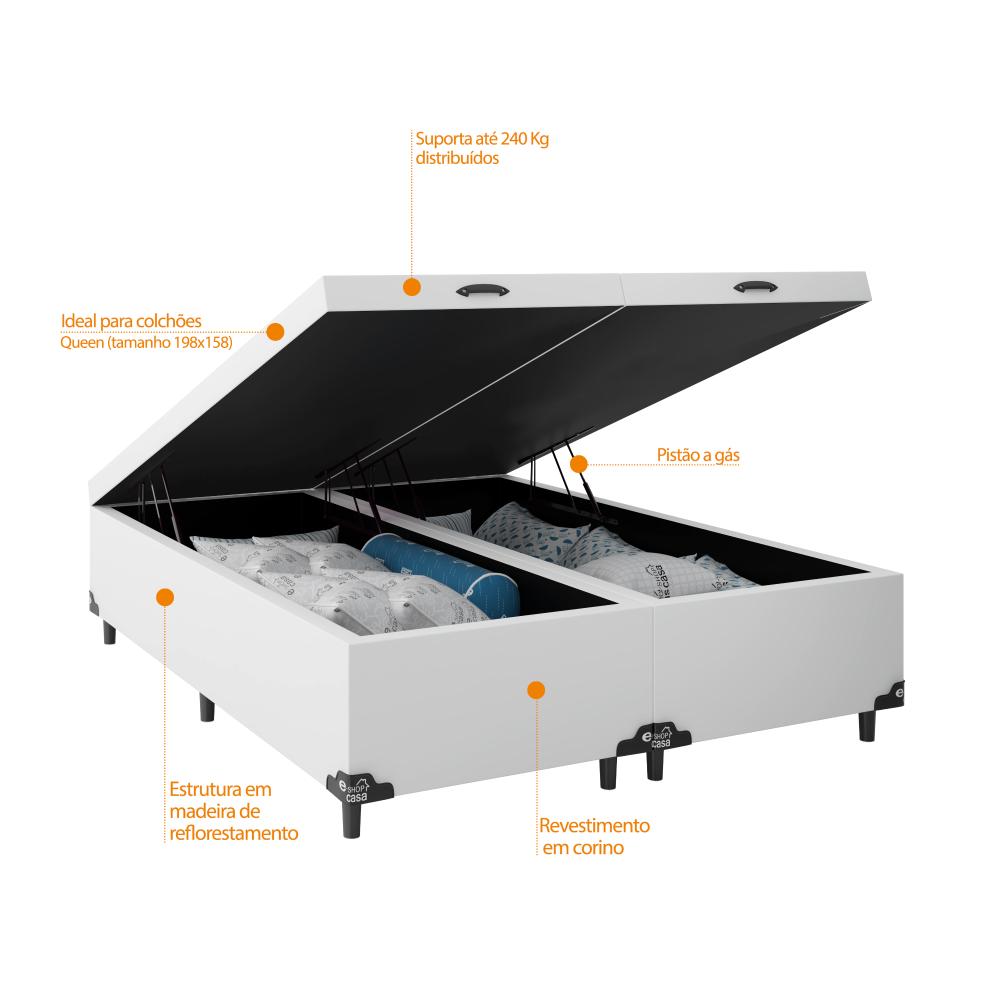 Baú Box Queen Bipartido - 44x158x198cm - Couro Branco