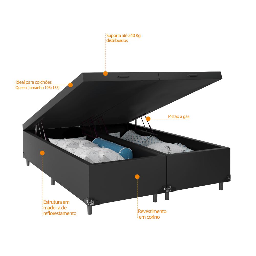 Baú Box Queen Bipartido - 44x158x198cm - Couro Preto