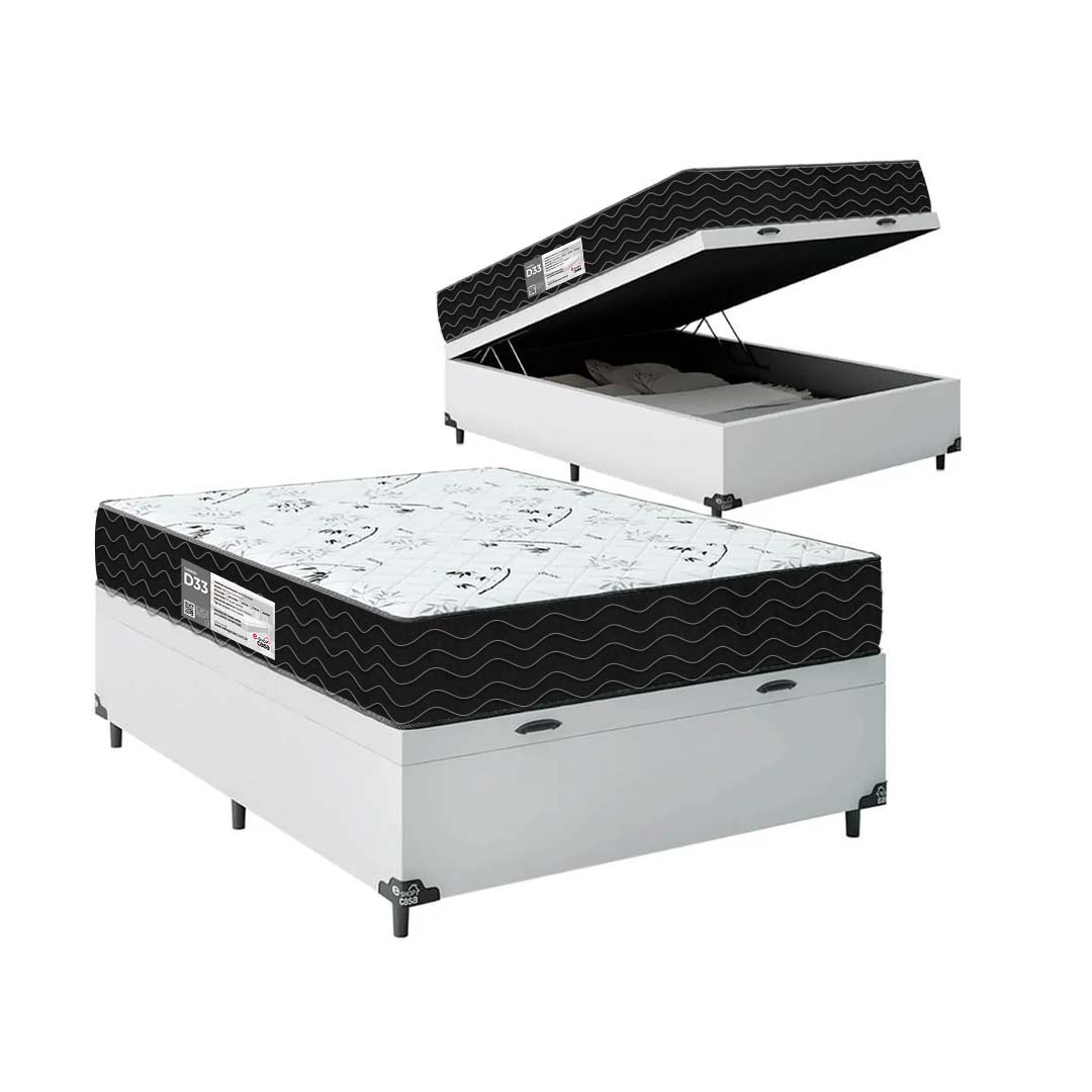Cama Box Baú Casal + Colchão D33 One Face - 61x138x188cm - Couro Branco