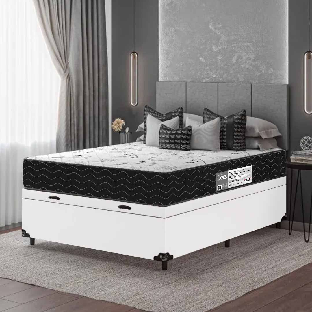 Cama Box Baú Casal + Colchão D33 One Face - 61x138x188cm - Couro Branco