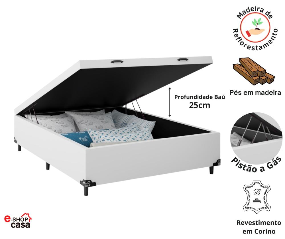 Cama Box Baú Casal + Colchão D33 One Face - 61x138x188cm - Couro Branco