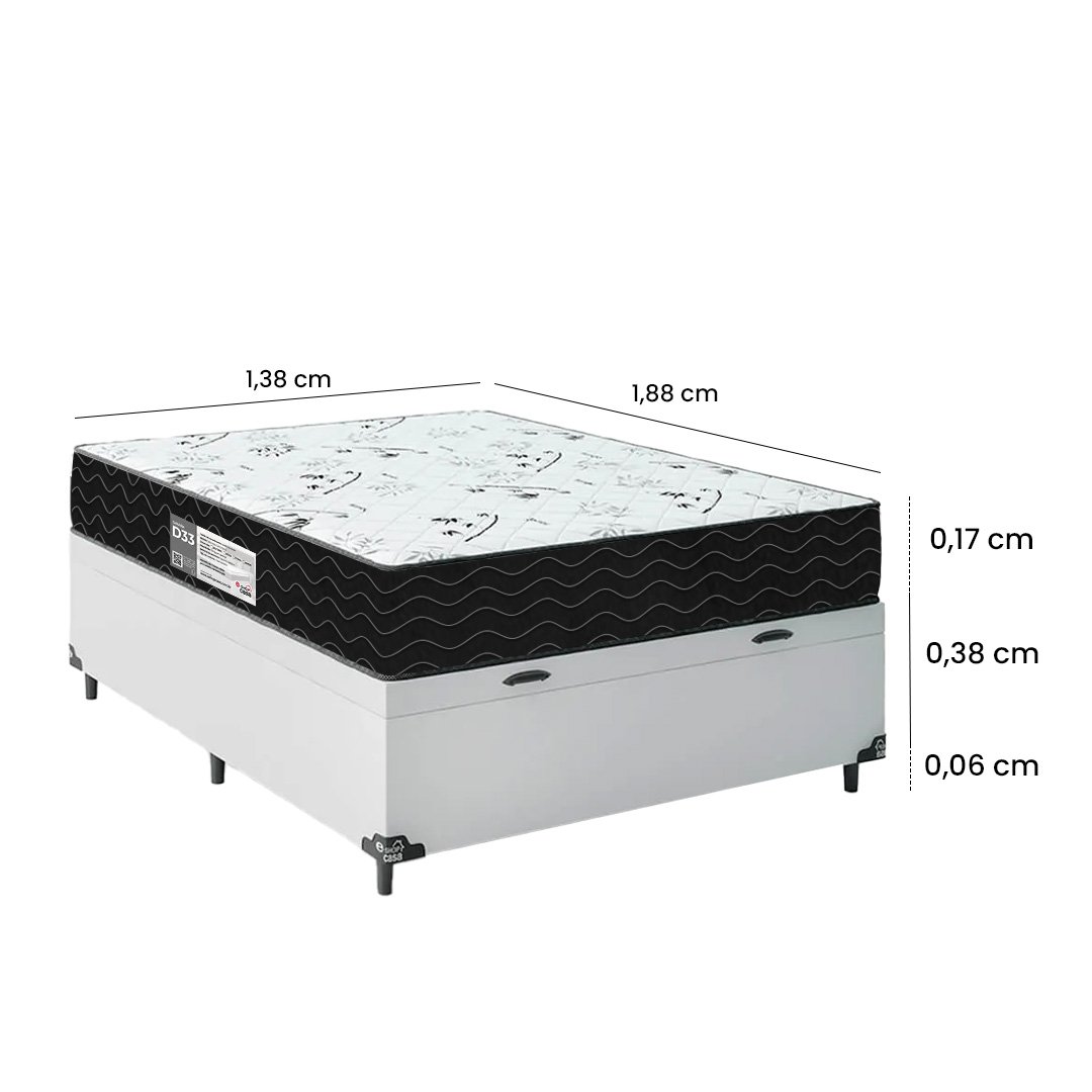 Cama Box Baú Casal + Colchão D33 One Face - 61x138x188cm - Couro Branco
