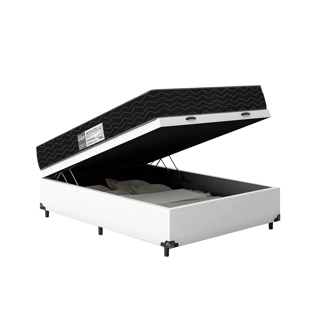 Cama Box Baú Casal + Colchão D33 One Face - 61x138x188cm - Couro Branco