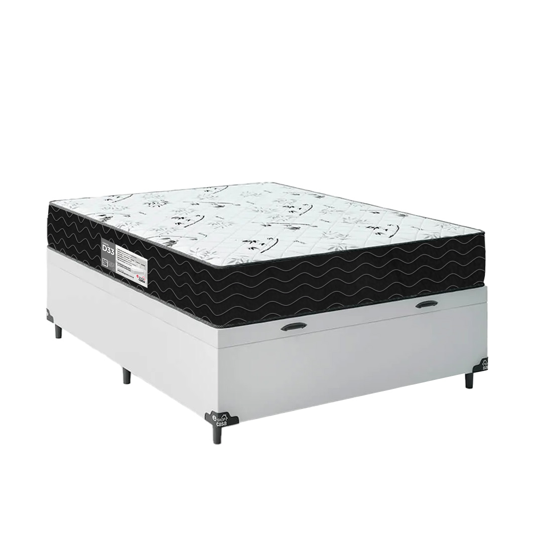 Cama Box Baú Casal + Colchão D33 One Face - 61x138x188cm - Couro Branco