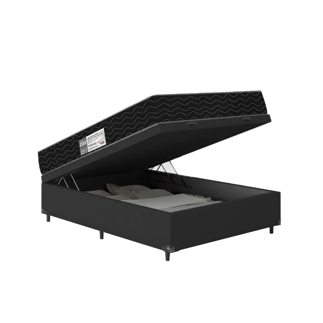 Cama Box Baú Casal + Colchão D33 One Face - 61x138x188cm - Couro Preto