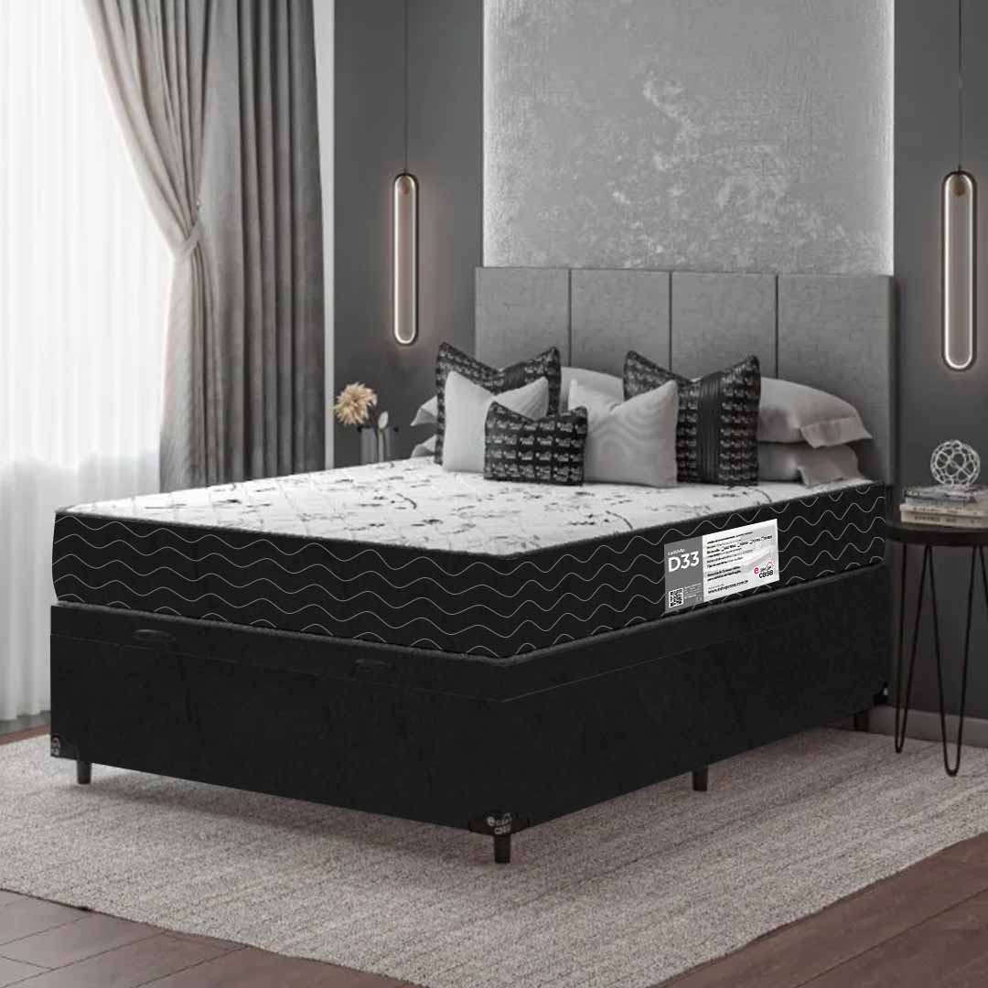 Cama Box Baú Casal + Colchão D33 One Face - 61x138x188cm - Suede Preto