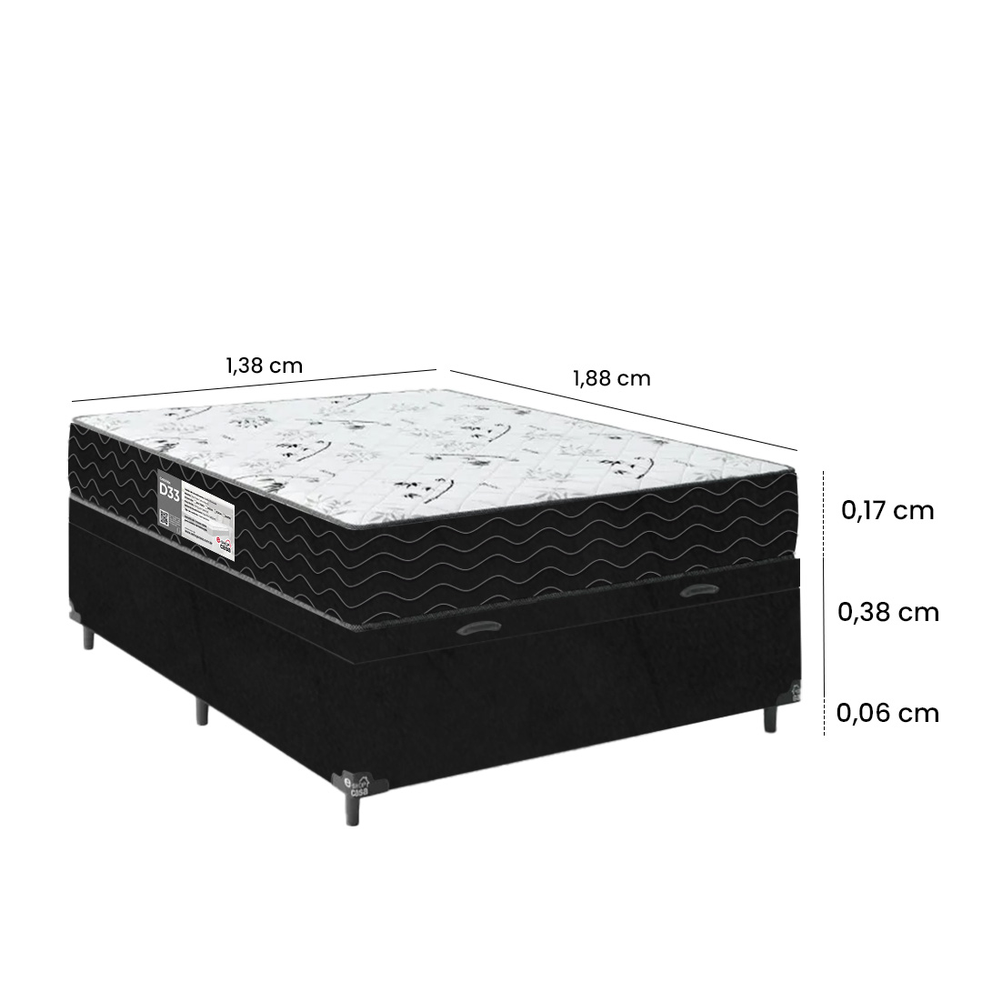 Cama Box Baú Casal + Colchão D33 One Face - 61x138x188cm - Suede Preto
