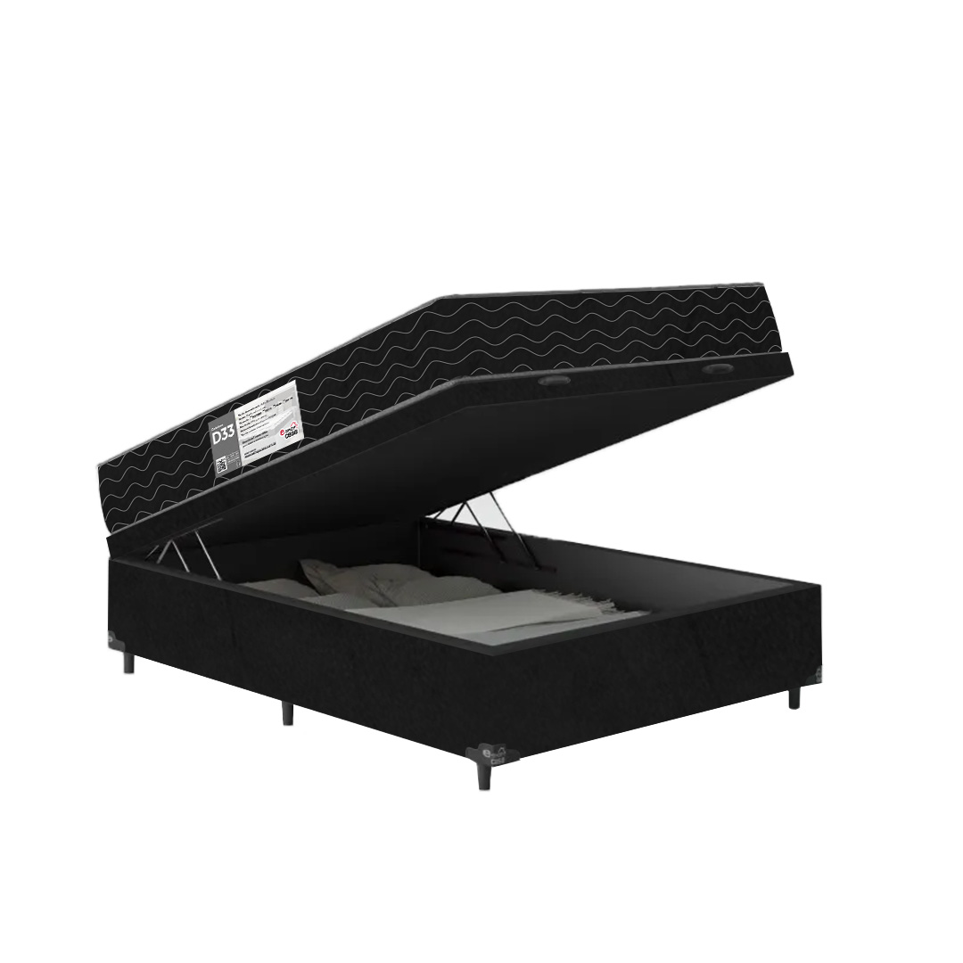 Cama Box Baú Casal + Colchão D33 One Face - 61x138x188cm - Suede Preto