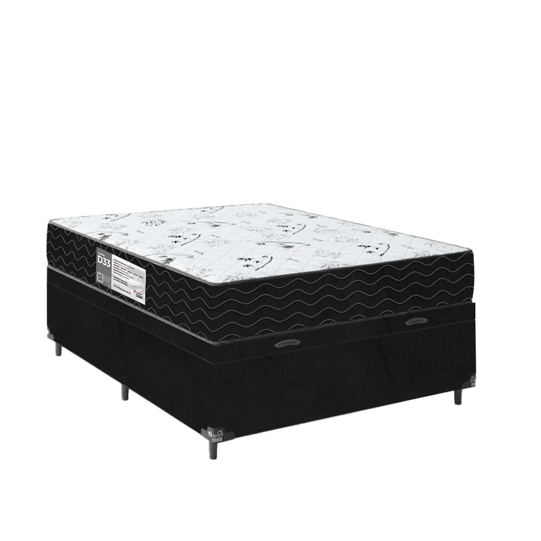 Cama Box Baú Casal + Colchão D33 One Face - 61x138x188cm - Suede Preto