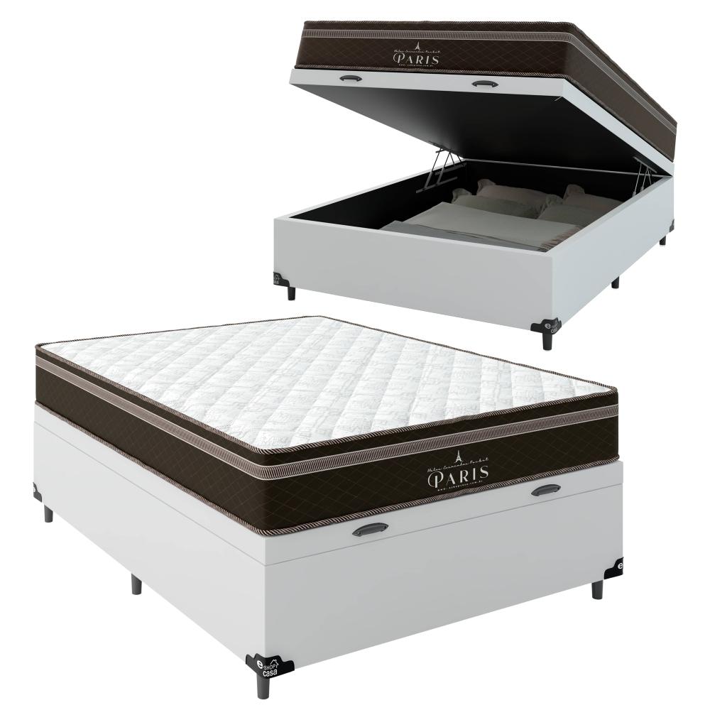 Cama Box Baú Casal + Colchão Paris Molas Ensacadas Pocket - 66x138x188cm - Couro Branco