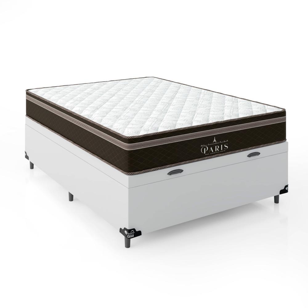 Cama Box Baú Casal + Colchão Paris Molas Ensacadas Pocket - 66x138x188cm - Couro Branco