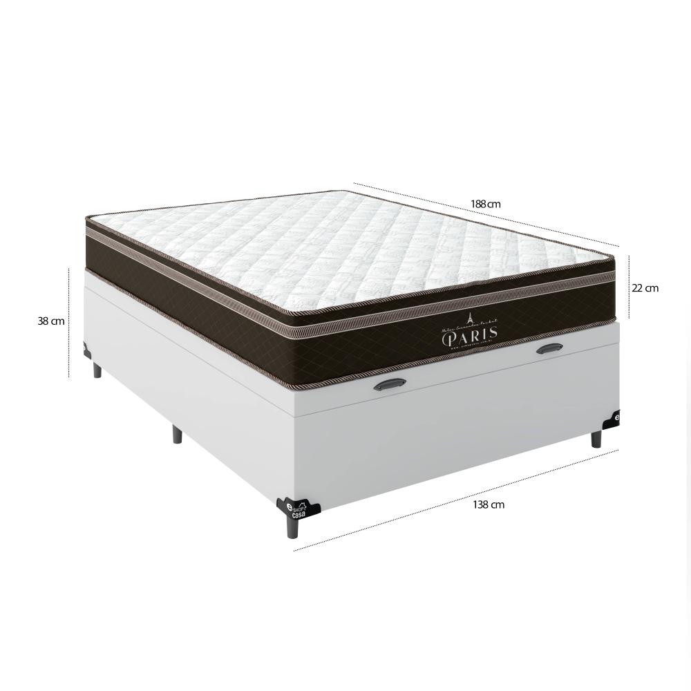 Cama Box Baú Casal + Colchão Paris Molas Ensacadas Pocket - 66x138x188cm - Couro Branco