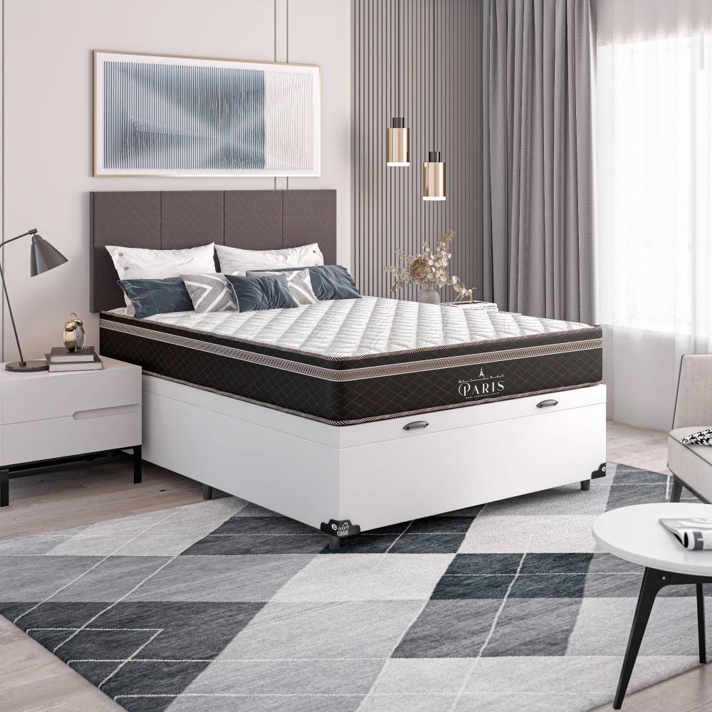 Cama Box Baú Casal + Colchão Paris Molas Ensacadas Pocket - 66x138x188cm - Couro Branco