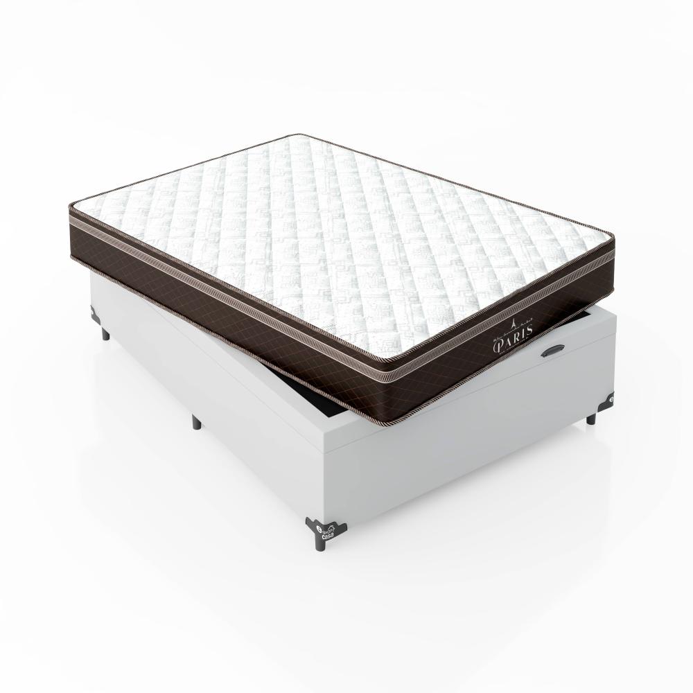 Cama Box Baú Casal + Colchão Paris Molas Ensacadas Pocket - 66x138x188cm - Couro Branco