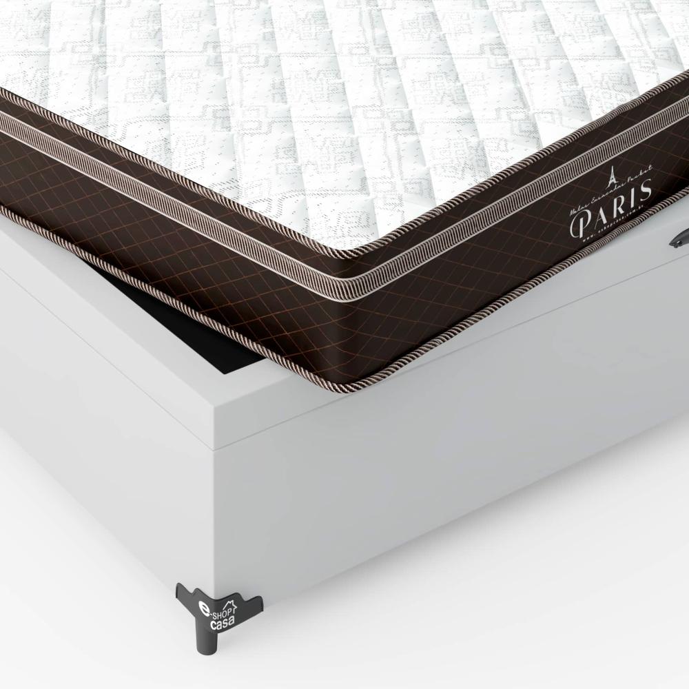 Cama Box Baú Casal + Colchão Paris Molas Ensacadas Pocket - 66x138x188cm - Couro Branco