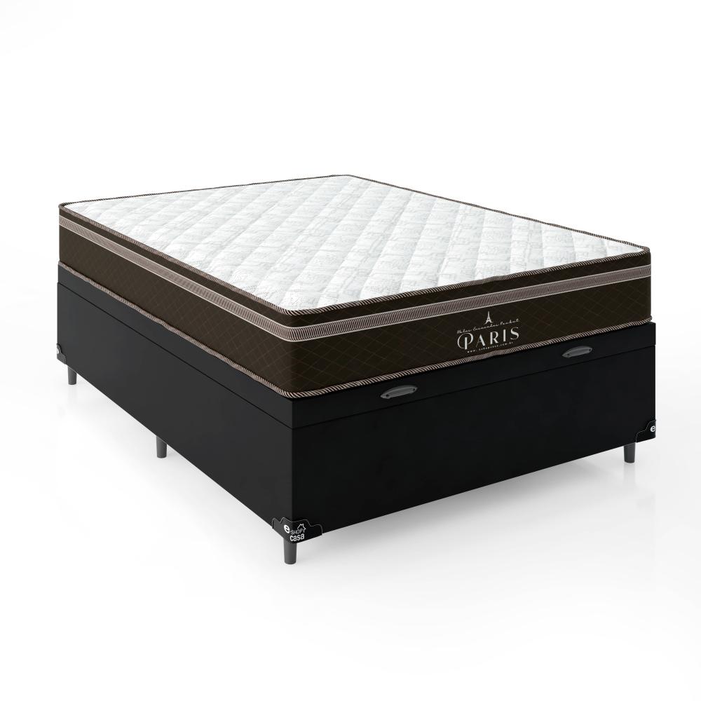 Cama Box Baú Casal + Colchão Paris Molas Ensacadas Pocket - 66x138x188cm - Couro Preto