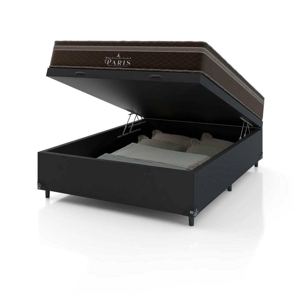Cama Box Baú Casal + Colchão Paris Molas Ensacadas Pocket - 66x138x188cm - Couro Preto