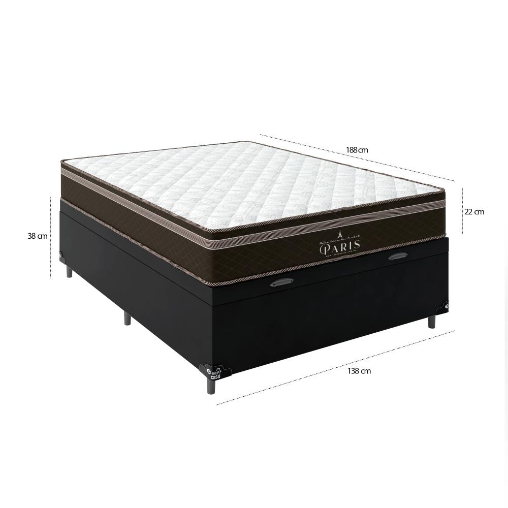 Cama Box Baú Casal + Colchão Paris Molas Ensacadas Pocket - 66x138x188cm - Couro Preto