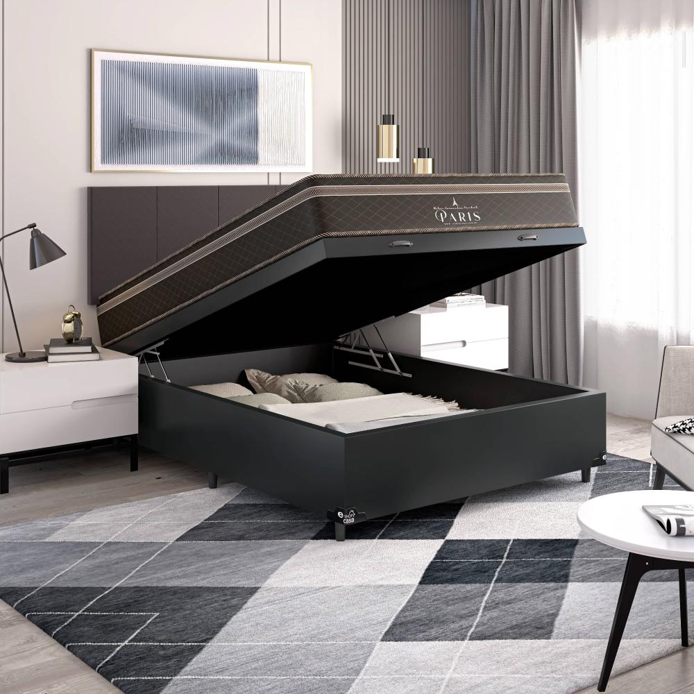 Cama Box Baú Casal + Colchão Paris Molas Ensacadas Pocket - 66x138x188cm - Couro Preto
