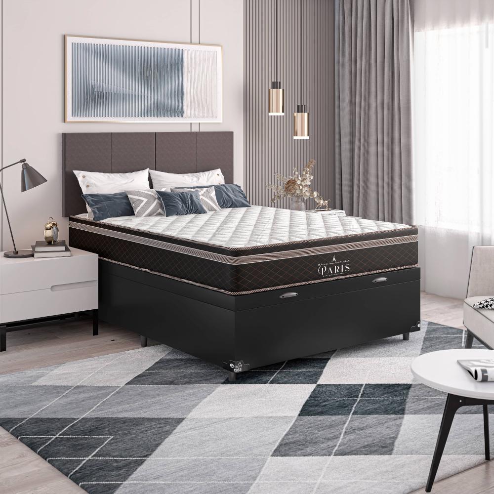 Cama Box Baú Casal + Colchão Paris Molas Ensacadas Pocket - 66x138x188cm - Couro Preto