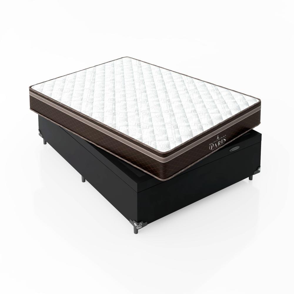 Cama Box Baú Casal + Colchão Paris Molas Ensacadas Pocket - 66x138x188cm - Couro Preto