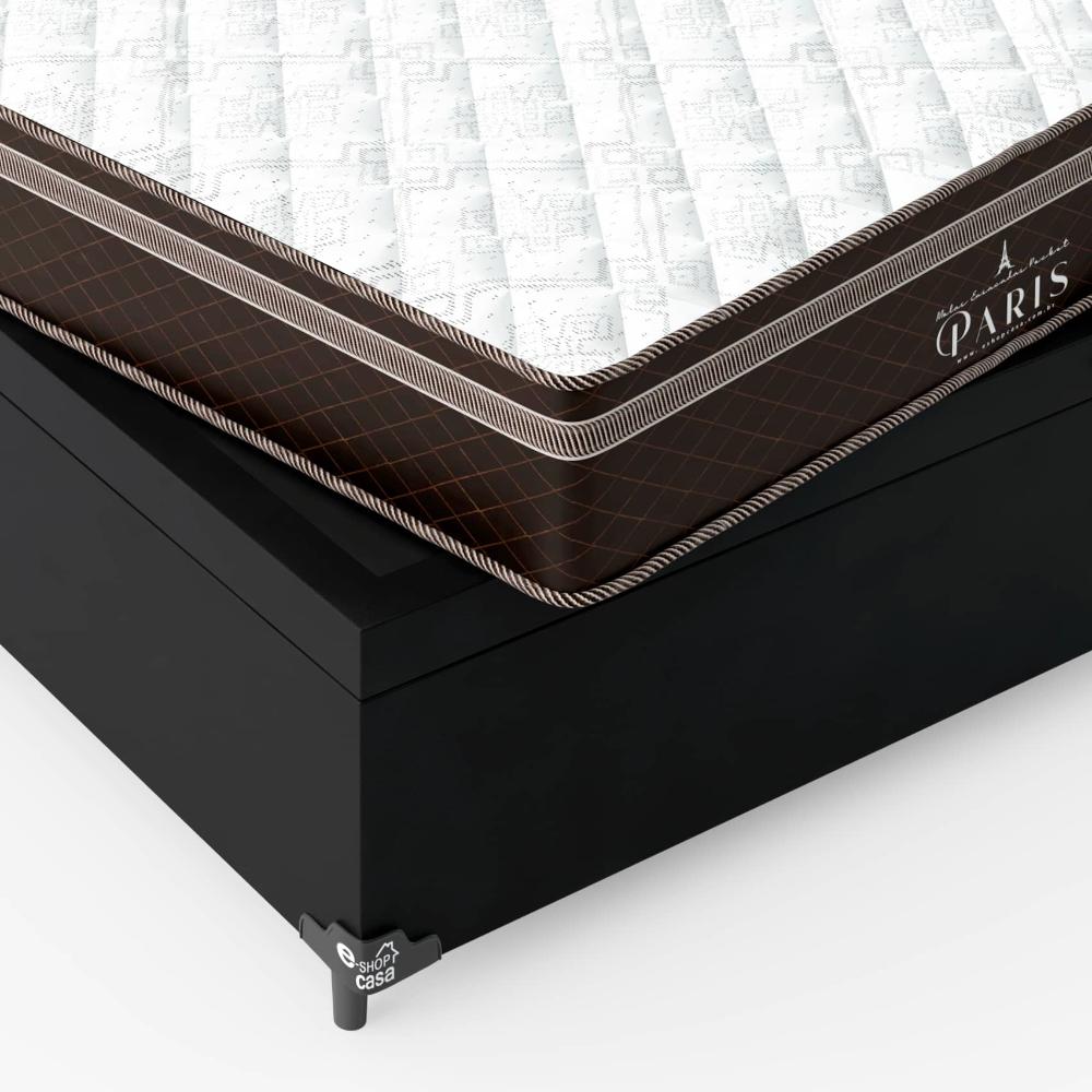 Cama Box Baú Casal + Colchão Paris Molas Ensacadas Pocket - 66x138x188cm - Couro Preto