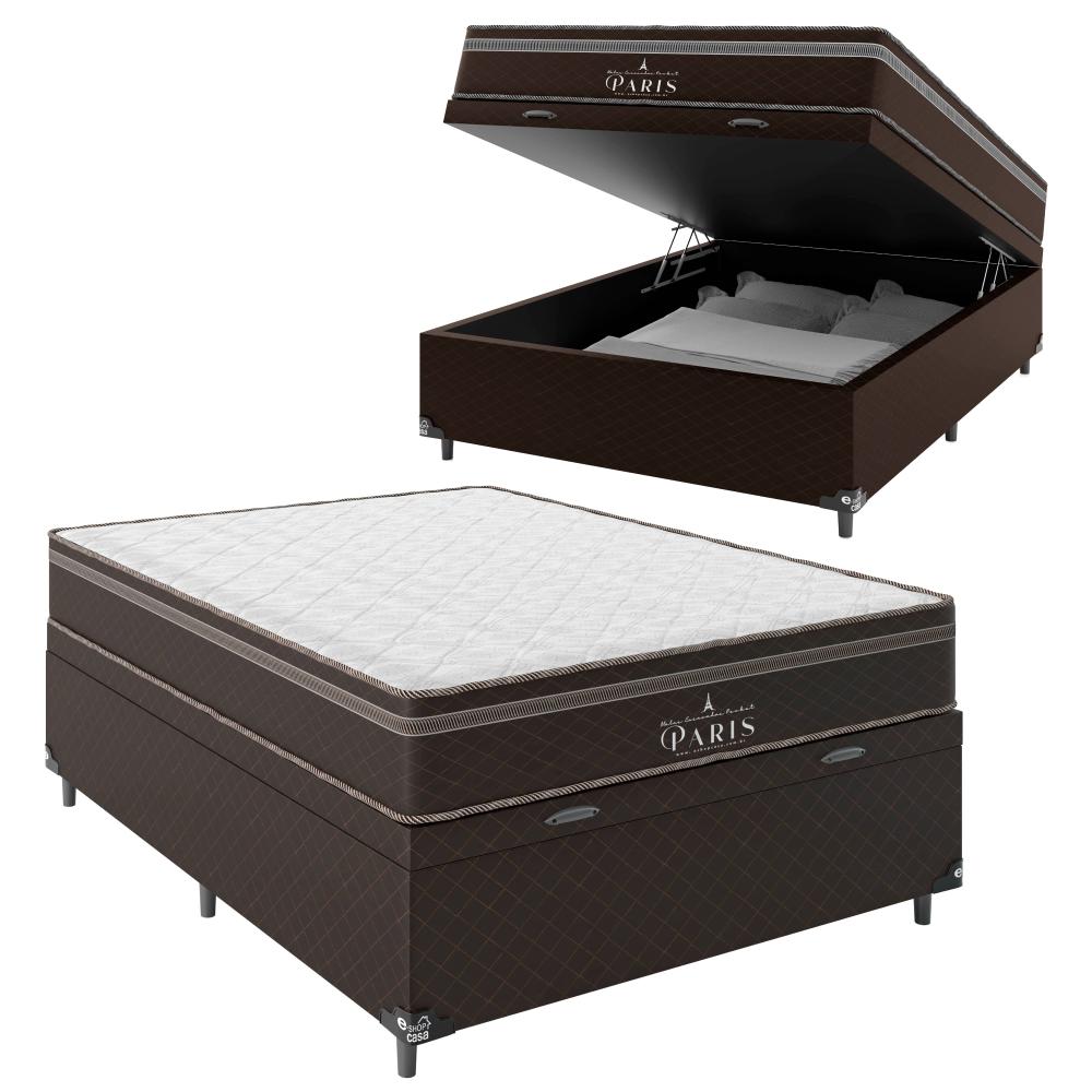 Cama Box Baú Casal + Colchão Paris Molas Ensacadas Pocket - 66x138x188cm - Jacquard Marrom