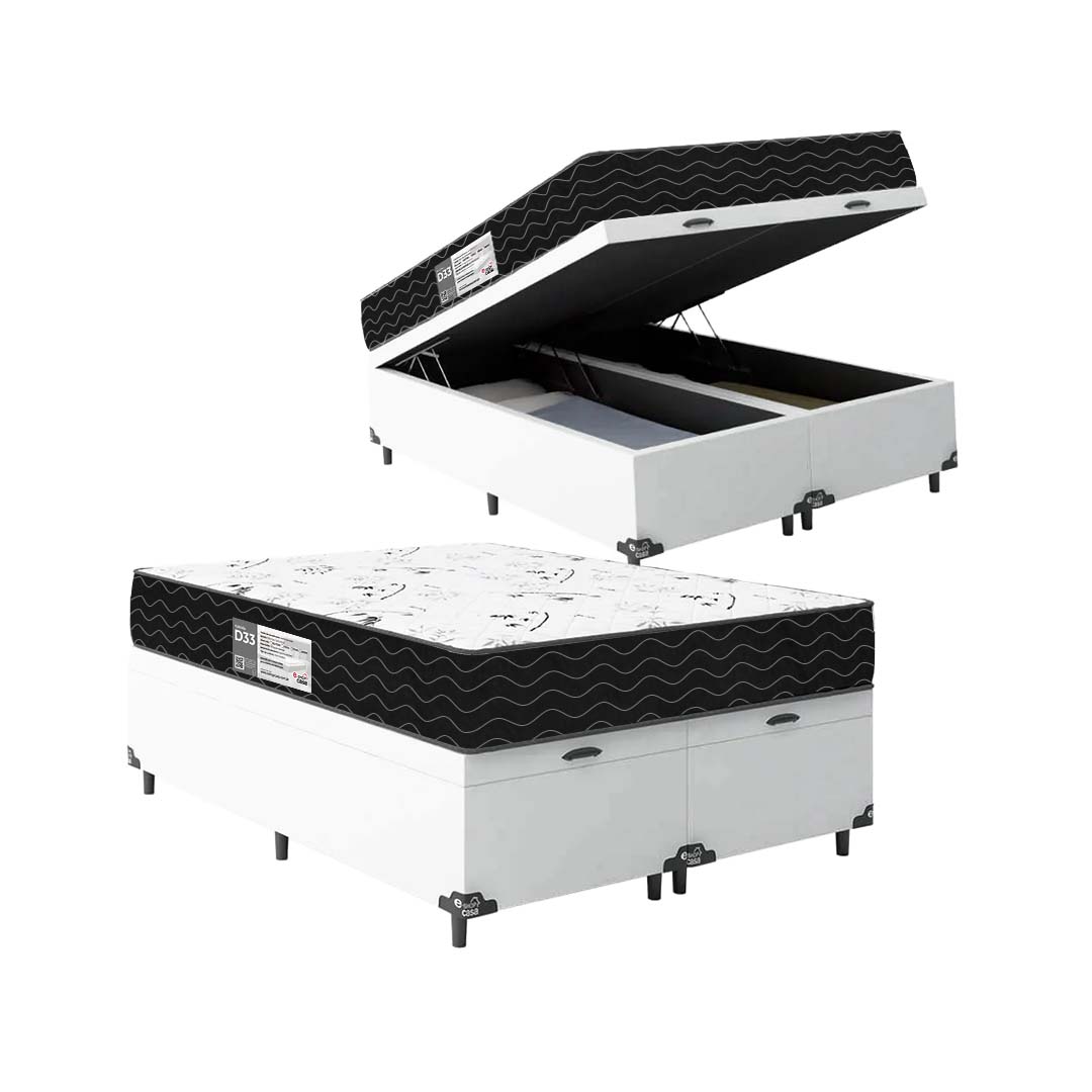 Cama Box Baú Casal Bipartido + Colchão D33 One Face - 61x138x188cm - Couro Branco
