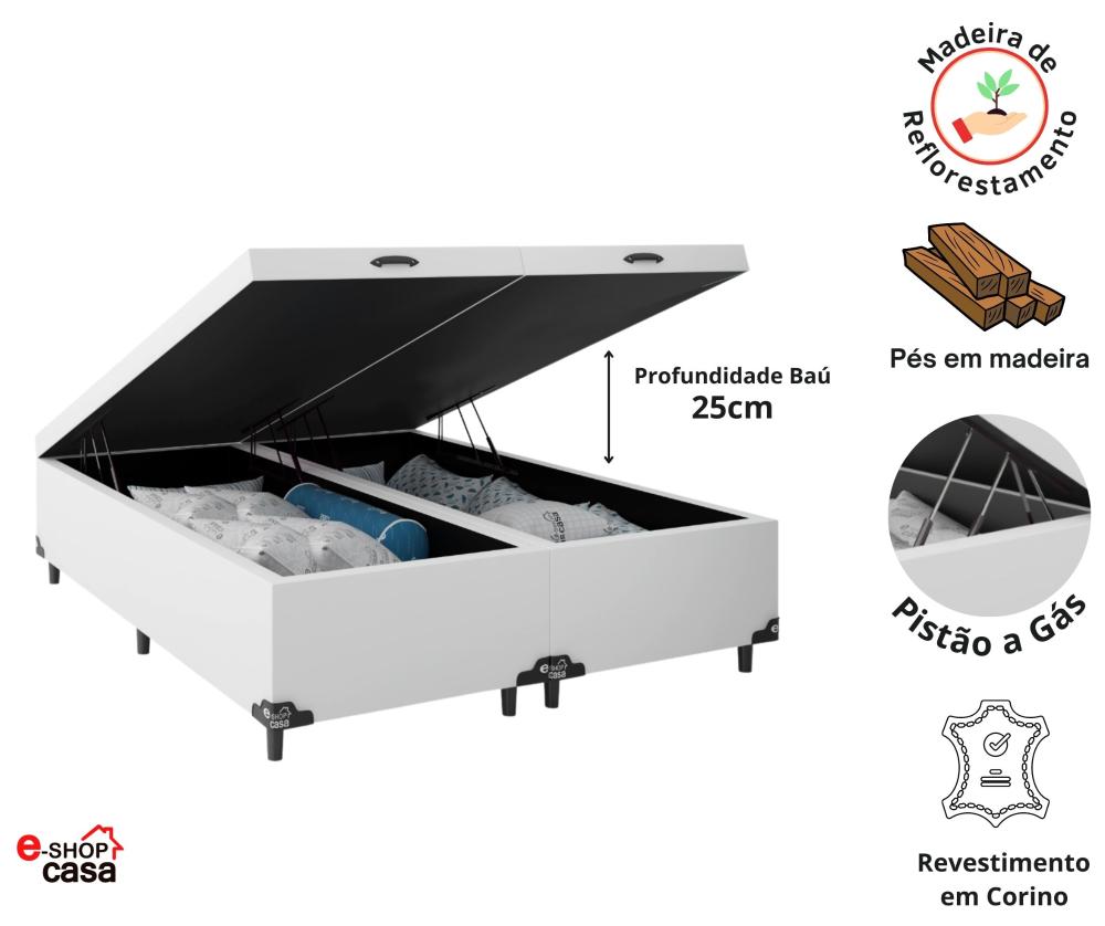 Cama Box Baú Casal Bipartido + Colchão D33 One Face - 61x138x188cm - Couro Branco