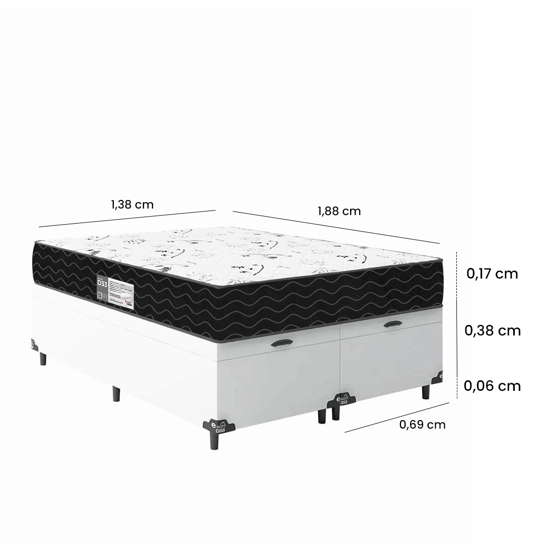 Cama Box Baú Casal Bipartido + Colchão D33 One Face - 61x138x188cm - Couro Branco