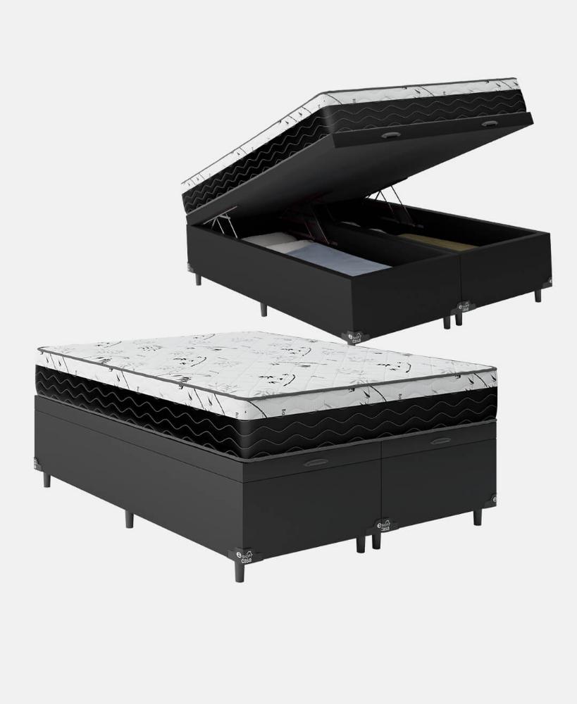 Cama Box Baú Casal Bipartido + Colchão D33 One Face - 61x138x188cm - Couro Preto