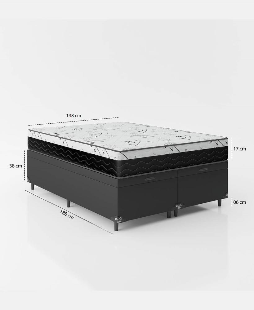 Cama Box Baú Casal Bipartido + Colchão D33 One Face - 61x138x188cm - Couro Preto