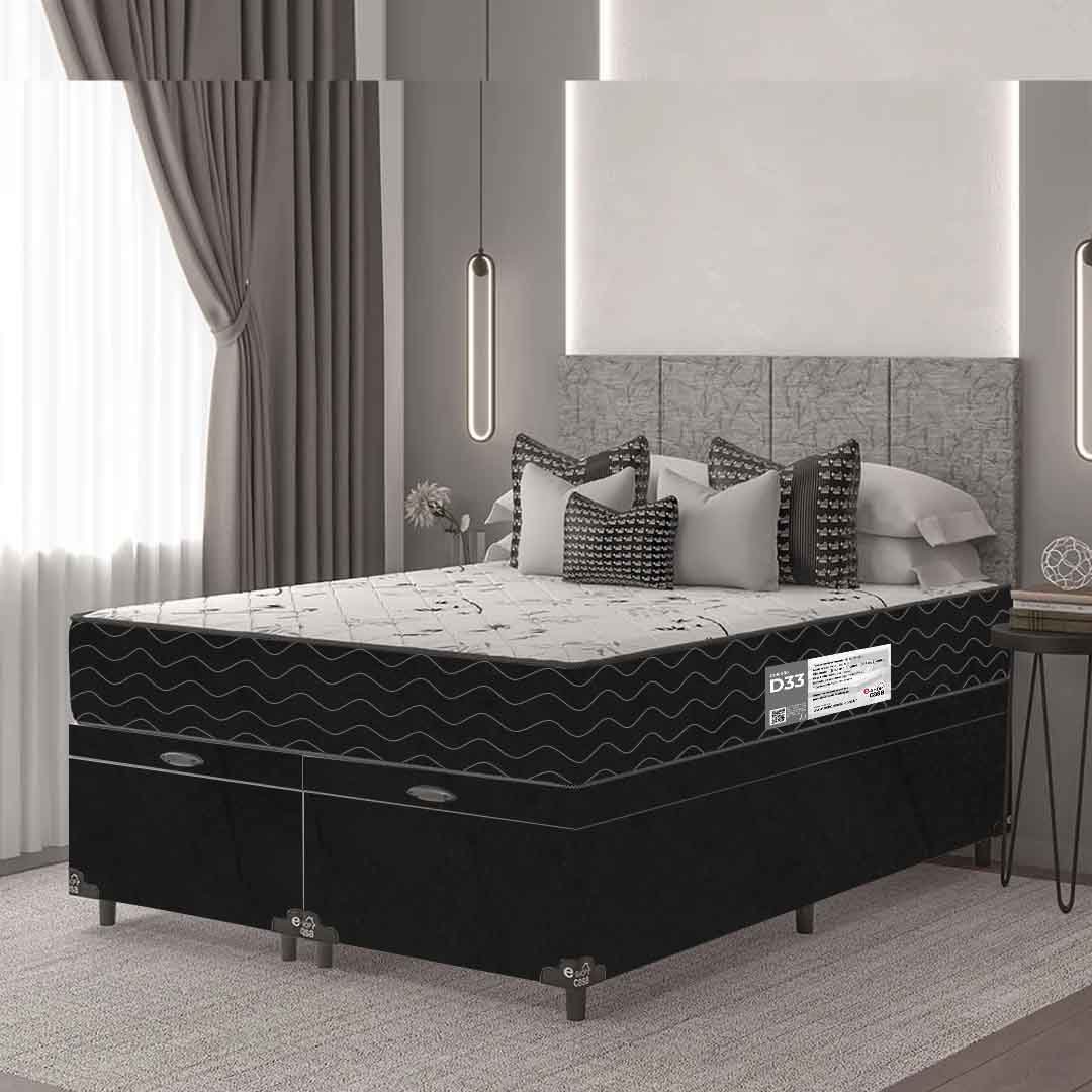 Cama Box Baú Casal Bipartido + Colchão D33 One Face - 61x138x188cm - Suede Preto