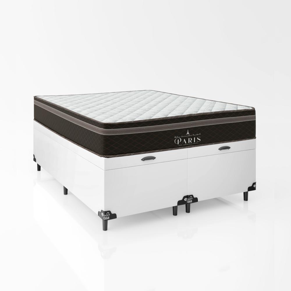 Cama Box Baú Casal Bipartido + Colchão Paris Molas Ensacadas Pocket - 66x138x188cm - Couro Branco