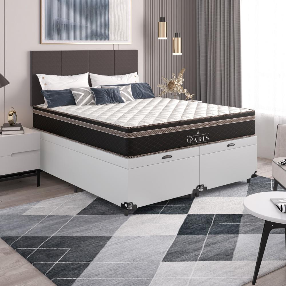 Cama Box Baú Casal Bipartido + Colchão Paris Molas Ensacadas Pocket - 66x138x188cm - Couro Branco