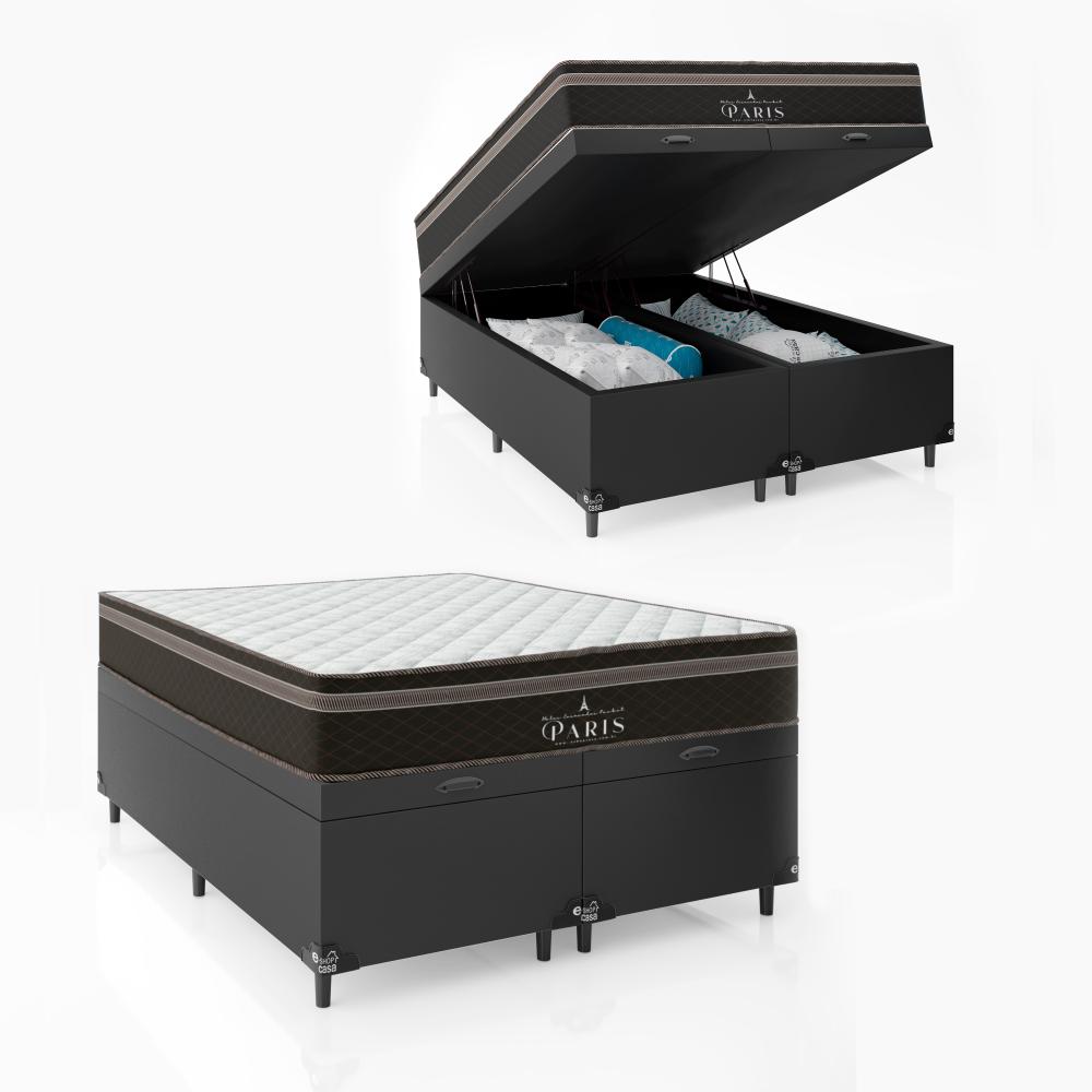Cama Box Baú Casal Bipartido + Colchão Paris Molas Ensacadas Pocket - 66x138x188cm - Couro Preto