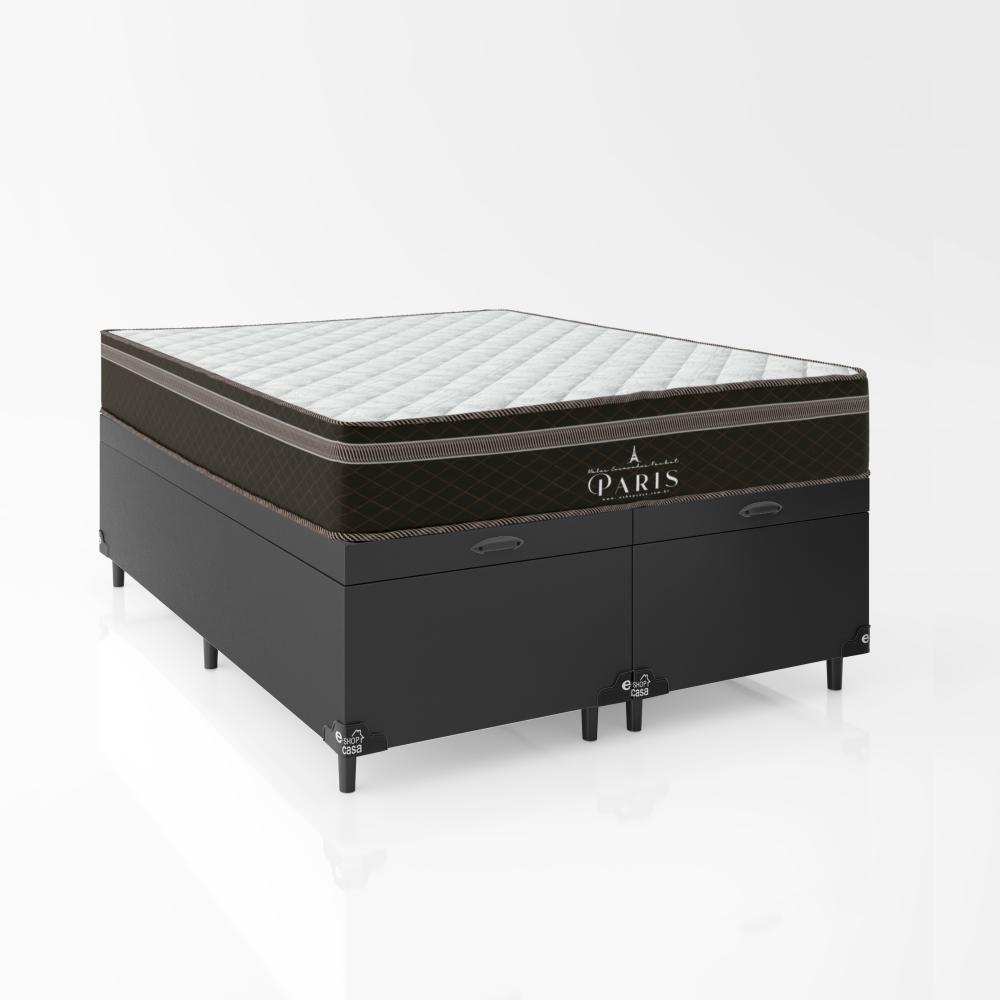 Cama Box Baú Casal Bipartido + Colchão Paris Molas Ensacadas Pocket - 66x138x188cm - Couro Preto