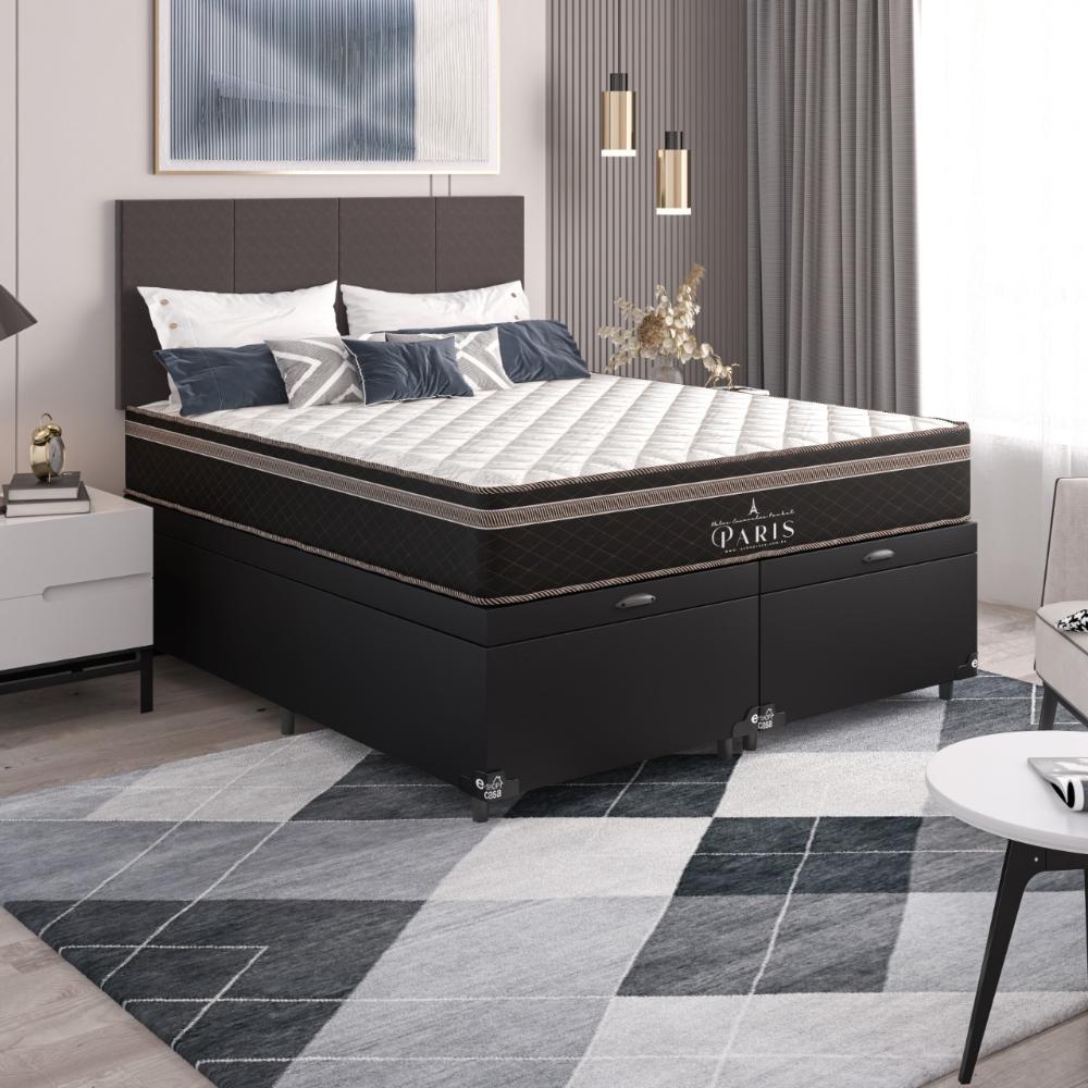 Cama Box Baú Casal Bipartido + Colchão Paris Molas Ensacadas Pocket - 66x138x188cm - Couro Preto