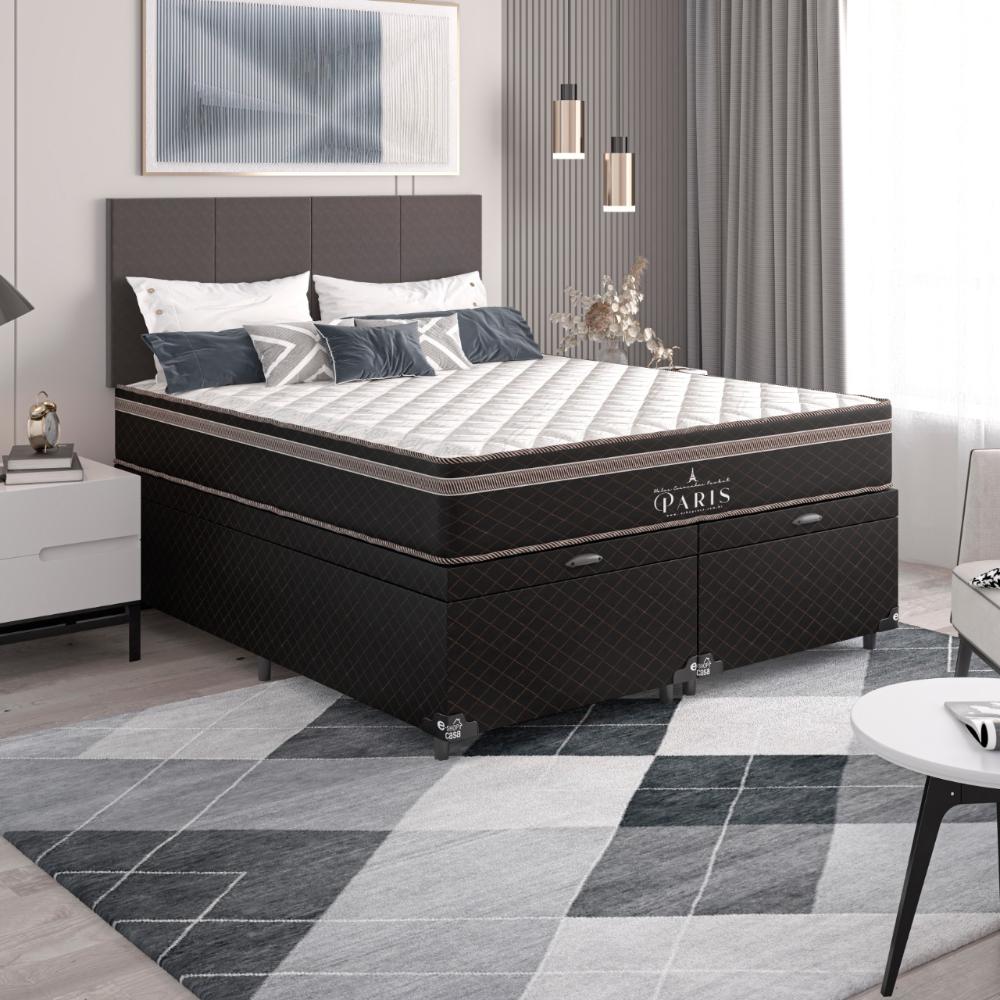 Cama Box Baú Casal Bipartido + Colchão Paris Molas Ensacadas Pocket - 66x138x188cm - Jacquard Marrom