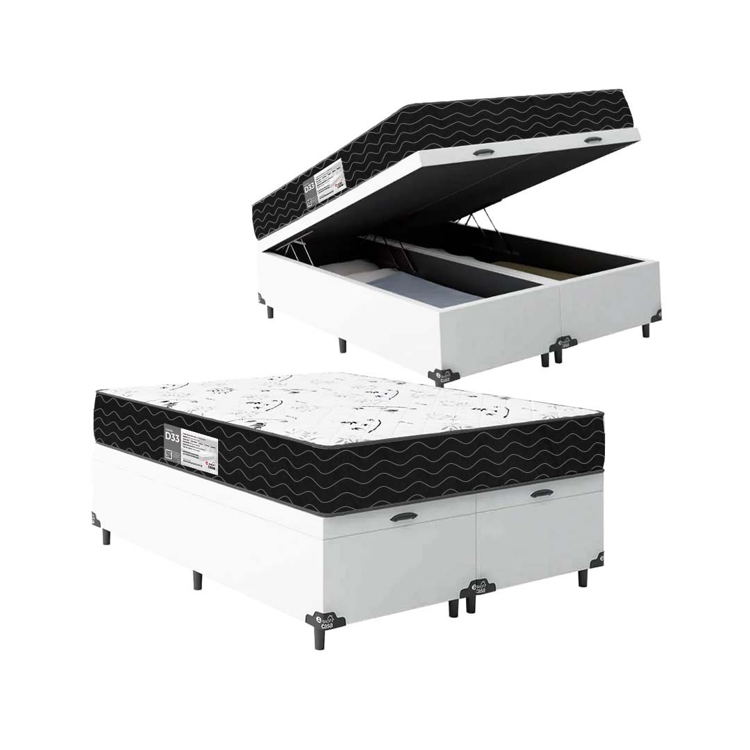 Cama Box Baú Queen Bipartido + Colchão D33 One Face - 61x158x198cm - Couro Branco