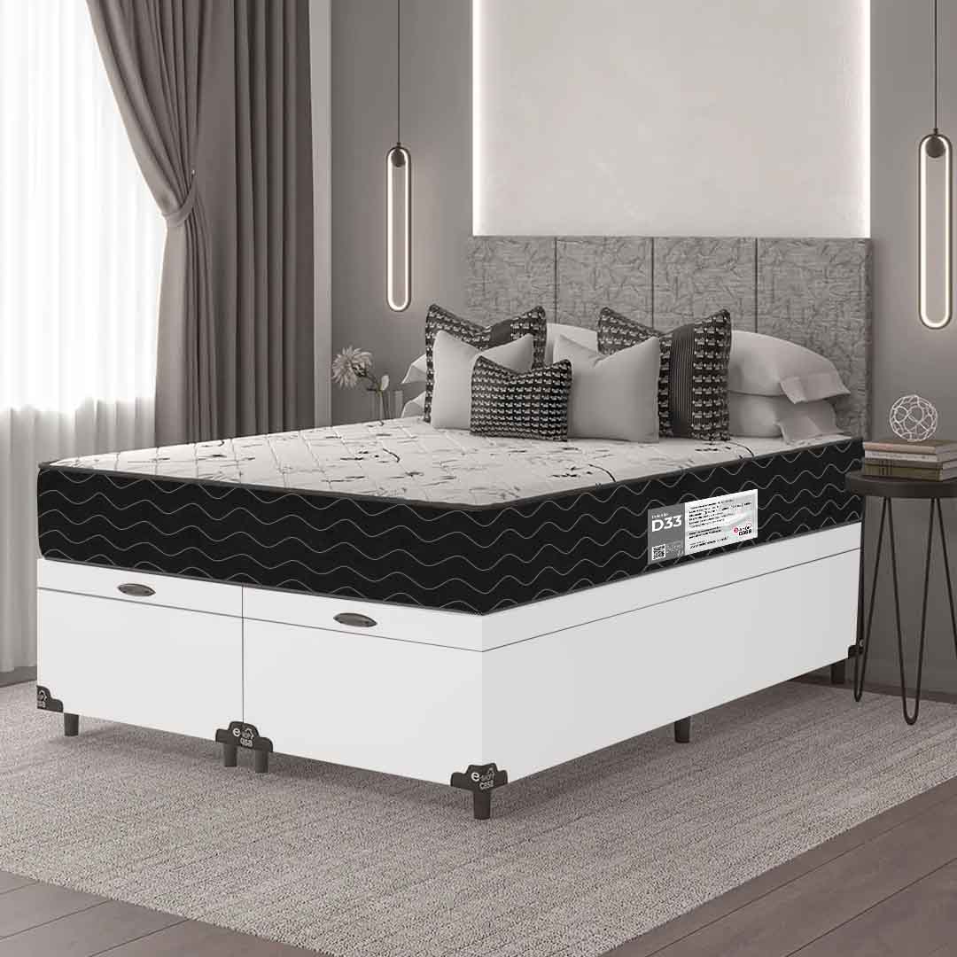 Cama Box Baú Queen Bipartido + Colchão D33 One Face - 61x158x198cm - Couro Branco